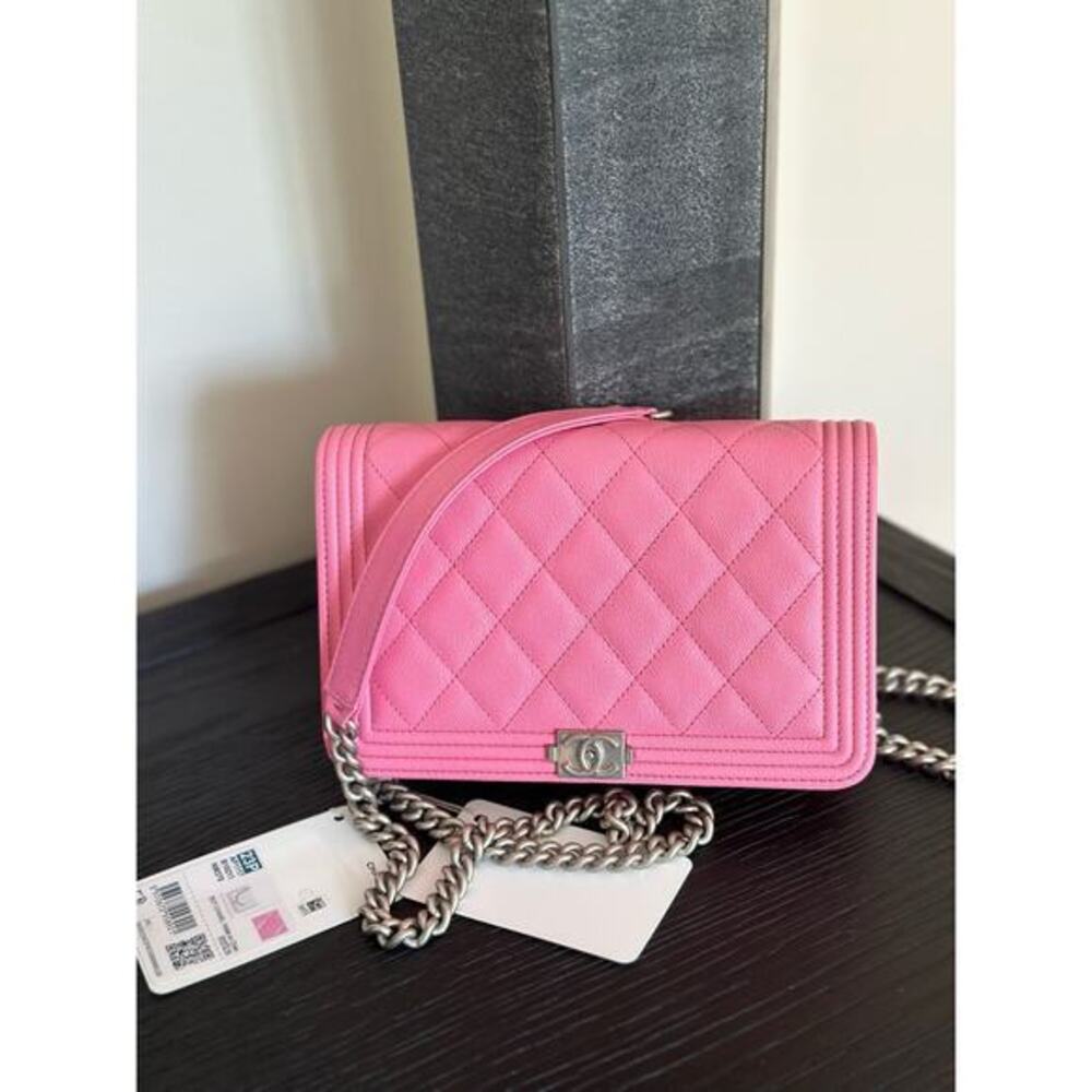 Chanel NWT caviar pink silver hardware boy wallet on chain bag